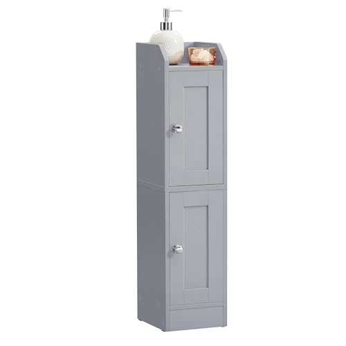 VASAGLE Slim Bathroom Cabinet, Corner Floor Cabinet, Narrow Toilet Paper Storage, Adjustable Shelves, Doors Open to Left or Right, Farmhouse, Dove Grey SIREN Collection BBK312GD02