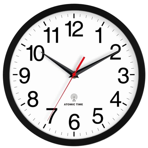 Rohioue Atomic Wall Clock, Modern 10 Inch Battery Operated Wall Clocks, Silent Non Ticking Analog Clock for Living Room, Office, Home, Bedroom, Kitchen, Bathroom(Black)
