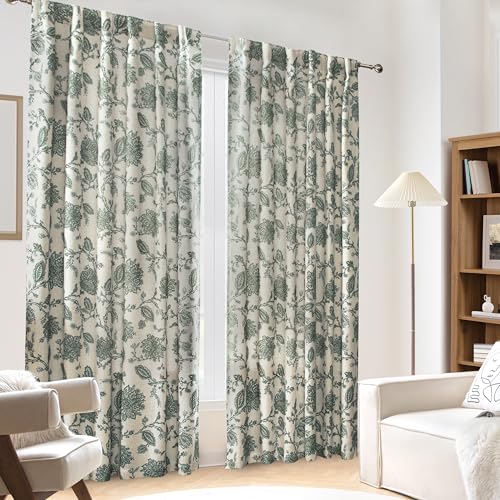 DriftAway Linen Floral Paisley Loden Green Blackout Curtains for Living Room Bedroom 102 Inch Length 2 Panels Lined Back Tab Rod Pocket Window Drapes Thermal Farmhouse Country Jacobean Curtains