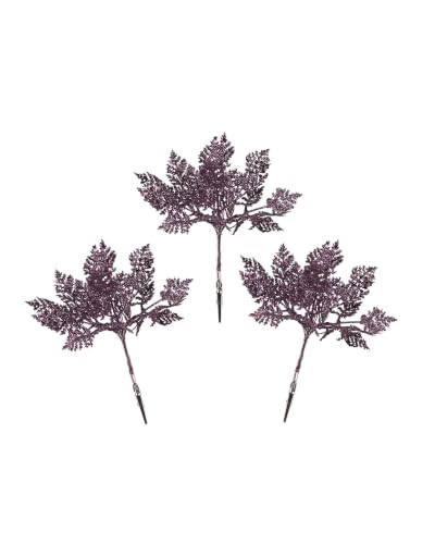 Set of 3 Purple Glitter Leaf Christmas Tree Picks, 19cm Sprays