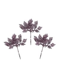 Set of 3 Purple Glitter Leaf Christmas Tree Picks, 19cm Sprays