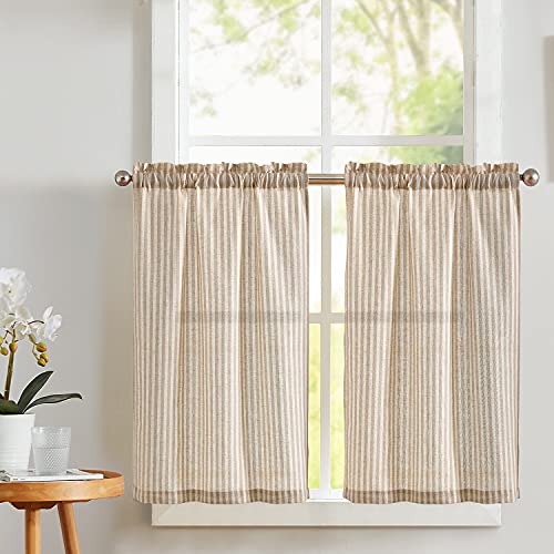 Vangao Taupe Stripe Linen Tiers Curtains 36 Inch Farmhouse 2 Panels - Light Filtering, Semi Sheer, for Kitchen, Living Room, Tickingstripe Drapes, Pinstripe, Window Treatments