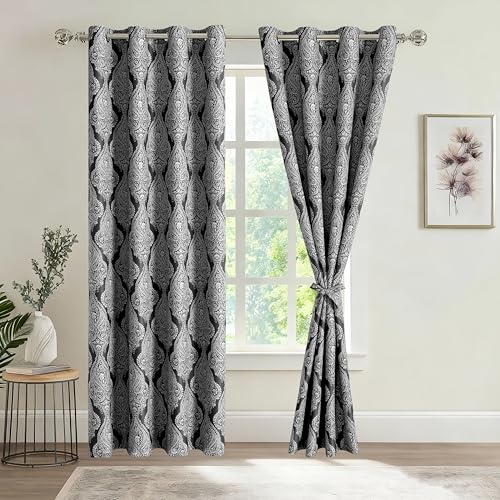 JIUZHEN Black Ombre Blackout Curtains 84 Inch Long??? Damask Patterned Noise Reducing Thermal Insulated Grommet Curtains for Bedroom Living Room, 52 x 84 Inches, 2 Panels with Tiebacks