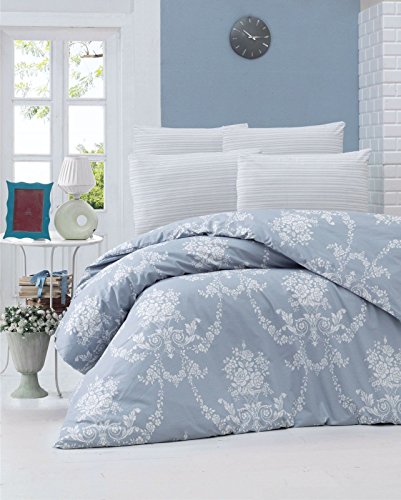 Nuit Des Rêves Ranforce Single XL Quilt Cover Set (155 x 200 cm), 100% Cotton, Blue & White, Machine Washable, 145 Thread Count, Envelope & Button Closure, Cosy & Stylish Bedding
