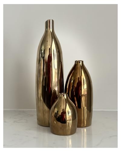 Gold Vase Set - Ceramic Vases Home Decor, Modern Decorative Vase for Flower, Table Centerpieces for Dining Room Living Room Entrance Console Fireplace Bookshelf Kitchen Bathroom Shelf (Gold)