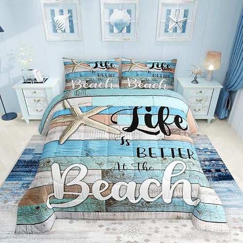 Manfei Beach Life Comforter Set Queen Size, Life is Better at The Beach Bedding Set 3pcs, Rustic Farmhouse Blue Wooden Plank Down Comforter, Kids Teens Adults Room Decor, 2 Pillowcases, No Sheets