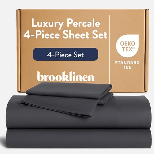 Brooklinen Luxury Percale 4 Piece Sheet Set - 100% Cotton, Full Size Double Bed in Slate Grey - 1 Fitted Sheet, 1 Flat Sheet, 2 Pillowcases - Best Sheets for Hot Sleepers