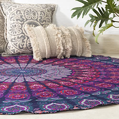 Popular Handicrafts Round Tapestry with Tassel Wall Hanging Ombre Hippie Mandala Bohemian Hippy Intricate Indian Tapestries Tablecloth 70 Inches,(178cm) Blue Multi