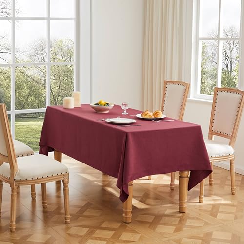 ZeeMart Linen Textured Rectangle Table Cloth, 60x84 Inch Burgundy - Heavy Weight Fabric, Durable Thick, Mitered Corners, Modern Farmhouse Table Cloth, Wrinkle Resistant Washable Table Cover