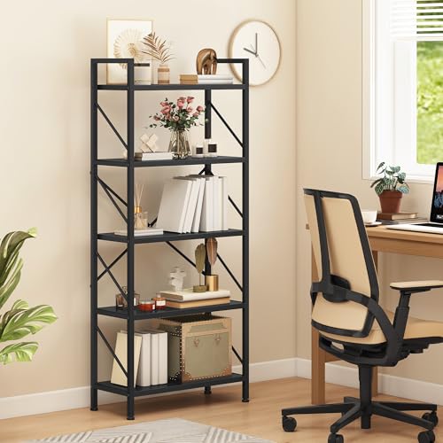 DWVO 5 Tiers Book Shelf, Wood and Metal Bookcase Storage Organizer, Industrial Bookshelf Tall Shelving Unit Display Rack for Living Room Kitchen Bedroom, Black Book Rack
