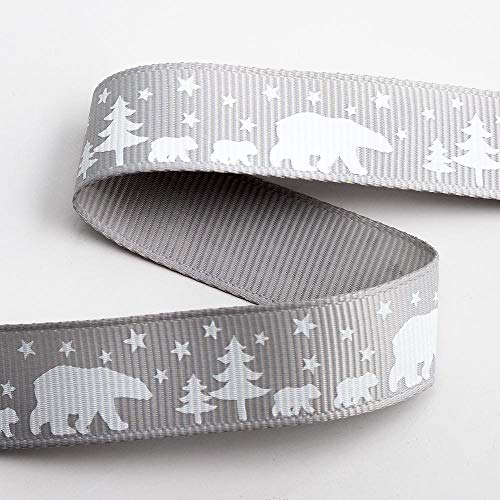 Italian Options Polar Bear Christmas Grosgrain Ribbon, Christmas Ribbon for Crafts, Gift Wrapping, Wreaths, Tree Decorations, Hair Bows, Silver, 16 mm x 5 Metre Roll
