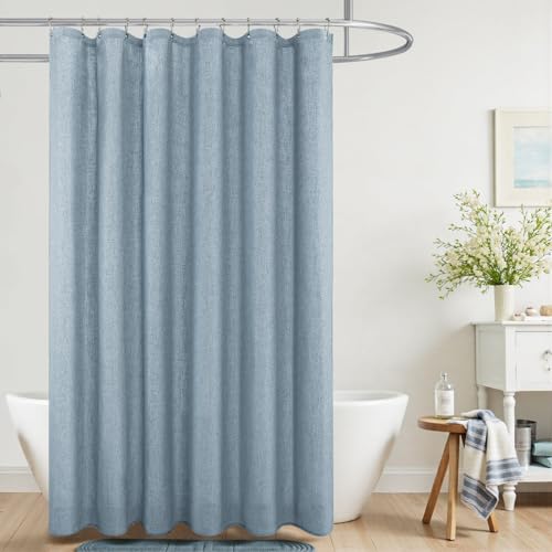 KOUFALL Stone Blue Waterproof Linen Fabric Shower Curtain for Bathroom 72x80 Inches Long
