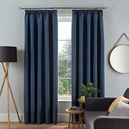 "Sleepdown Textured Rib Weave Pencil Pleat Blackout Lined Curtains Thermal Insulated for Bedroom and Living Room, Navy, 2 Panels, 2x 66"" x 90"""