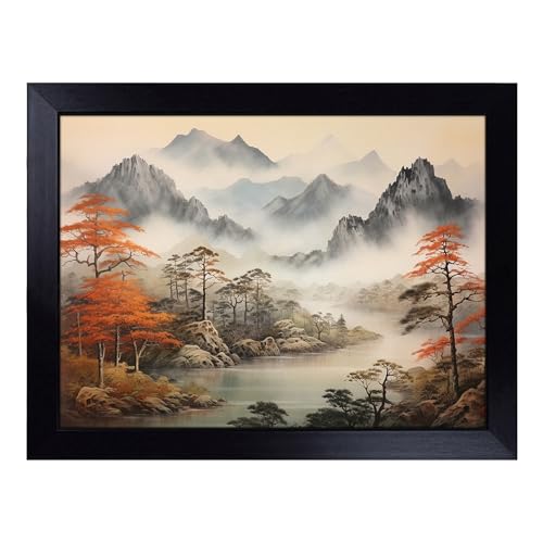 Lap Tray with Bean Bag Cushion, Japanese Mountains Landscape - Handmade in the UK, Raised Wooden Edge, Padded Cushion, Heat-Resistant Wipe-Clean Surface, for Meals, Laptops and Crafts