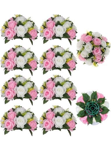 BLOSMON Flower Balls Rose Centerpieces: 10 Pcs Pink White Fake Flowers Kissing Balls Decor Artificial Wedding Floral Arrangements Silk Flower Bouquet with Base Home Party Room Table DIY Decorations