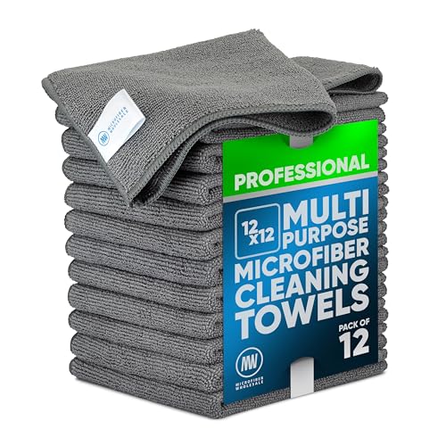"12"" x 12"" Buff Pro Multi-Surface Microfiber Cleaning Cloths - Gray - 12 Pack - Premium Microfiber Towels for Cleaning Glass, Kitchens, Bathrooms, Automotive, Supplies & Products"