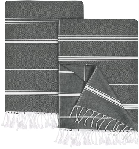Utopia Towels Turkish Beach Towel, 100 x 180 cm, 2 Pack, Grey - 100% Cotton, Oversized Sand Free, Lightweight Quick-Dry, Prewashed for Soft Feel, Large Peshtemal Towel for Travel, Washable