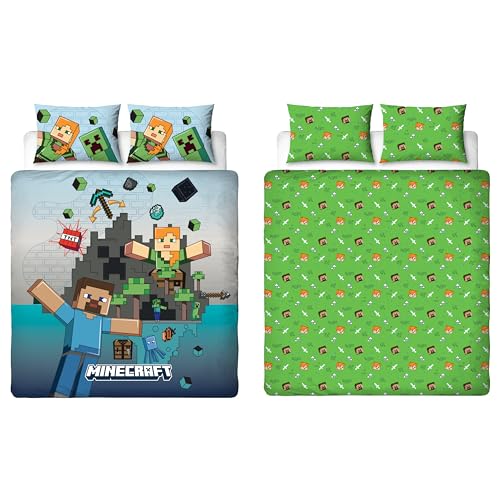 Minecraft Officially Licensed Movie Double Duvet Cover Set - Reversible Level Design Duvet Cover Set 2 Sided Includes Matching Pillowcases - Double Set
