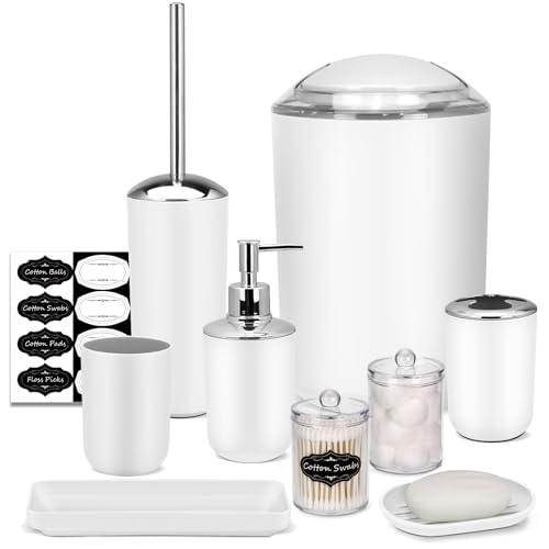 IMAVO Bathroom Accessory Set - 8 Pcs White Set with Trash Can, Soap Dispenser, Soap Dish, Toothbrush Holder, Toothbrush Cup, Toilet Brush Holder, Qtip Dispenser