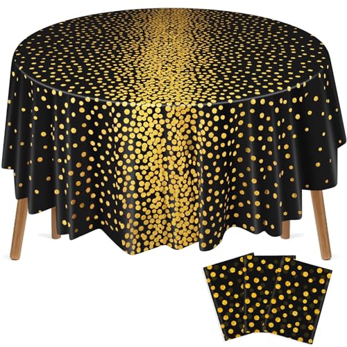 VitalCozy Round Dot Tablecloth 84 Inch Plastic Table Cover Polka Dot Confetti Tablecloths for Easter 2026 Graduation Prom Wedding Birthday Spring Party Supplies(Black and Gold,3 Pcs)