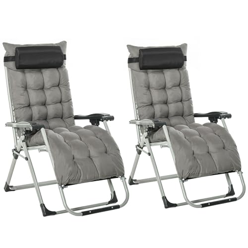 Outsunny 2 Piece Reclining Zero Gravity Chair Metal Frame Folding Garden Sun Lounger with Cushion Headrest, Dark Grey