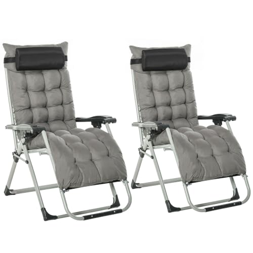 Outsunny Reclining Zero Gravity Chair Folding Metal Frame 2pcs Dark Grey - Garden Sun Lounger, Cushion Headrest