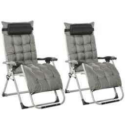 Outsunny 2 Piece Reclining Zero Gravity Chair Metal Frame Folding Garden Sun Lounger with Cushion Headrest, Dark Grey