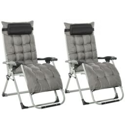 Outsunny Reclining Zero Gravity Chair Folding Metal Frame 2pcs Dark Grey - Garden Sun Lounger, Cushion Headrest