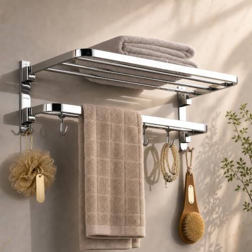 Plantex New Look Stainless Steel 304 Grade Dual Folding Towel Rack for Bathroom/Towel Stand/Hanger/Bathroom Accessories (24 Inch-Chrome)