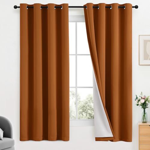 Yakamok Room Darkening 100% Blackout Curtains Grommet Window Treatments with 2 Thick Layers-Burnt Orange Thermal Insulated Drapes Set of 2 Panels for Bedroom Living Room 52 Inches by 63 Inches Length