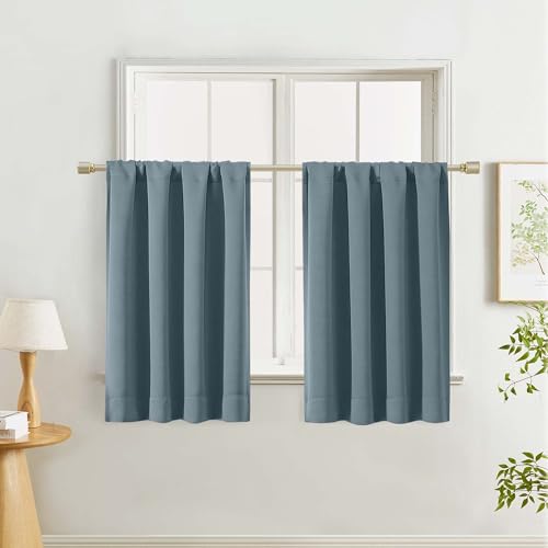 "Lecloud Stone Blue Kitchen Curtains 36 Inch Length 2 Pcs, Thermal Insulated Room Darkening Short Cafe Curtains, Rod Pocket Room Decorn Farmhouse Drapes for Cafe Bedroom, Each Panel 40"" W x 36"" L"