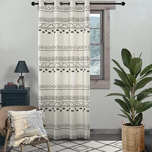 XTMYI Farmhouse Curtains for Living Room,Neutral Country Farm House Style Semi Blackout Boho Curtains for Bedroom,Off White Ivory Cream and Black,84 Inch Length