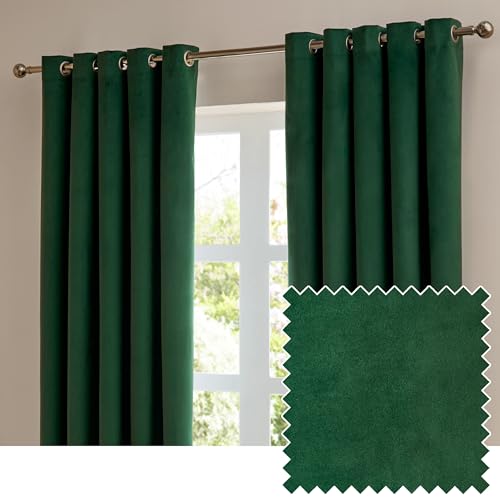 furn. The Ultimate Velvet Blackout Eyelet Curtain Pair – Soft Stylish Light Blocking Thermal Matte Velvet Drapes (Emerald - 168x229cm)