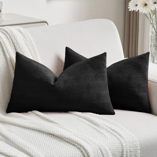 FUTEI Pack of 2 Chenille Decorative Throw Pillow Covers 12x20 Inch,Soft Cozy Striped Geometric Patterns Lumbar Pillow Cases,Modern Home Decor for Couch Bed Living Room,Black