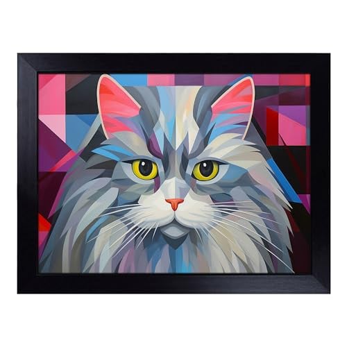 Lap Tray with Bean Bag Cushion, Persian Cat Geometric - Handmade in the UK, Raised Wooden Edge, Padded Cushion, Heat-Resistant Wipe-Clean Surface, for Meals, Laptops and Crafts