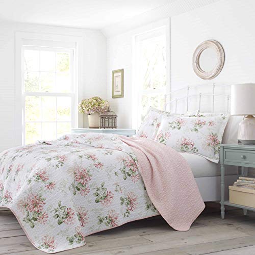 Laura Ashley Quilt Set, Cotton Reversible Bedding with Matching Shams, Home Decor Ideal for All Seasons, Honeysuckle Pink, Queen