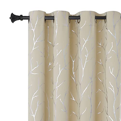 BUHUA Black Out Curtains 108 Inch Long 2 Panels, Soundproof Curtains with Elegant Silver Tree Branches Print, Heat Blocking Curtains for Livingroom, 52W x 108L, Beige
