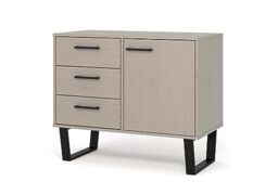 Home SourceSolid Pine Wood Sideboard Cupboard, Compact 3 Drawer 1 Door Industrial Storage Cabinet, Grey
