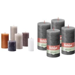 Bundle of Bolsius Rustic Candle Gift Set - New Neutrals - Box of 6 Candles - Long Burning Time + Bolsius Rustic Pillar Candle - Anthracite - Pack of 4 - Long Burning Time of 60 Hours - 13 x 7 cm