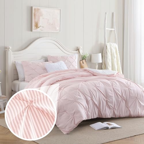 Swift Home Pinstripe Twin/Twin XL Peach Pink Comforter Set - Classic Pintuck Bedding Set - 2 Pieces Bed Linen, 1 Comforter and 1 Pillow Sham