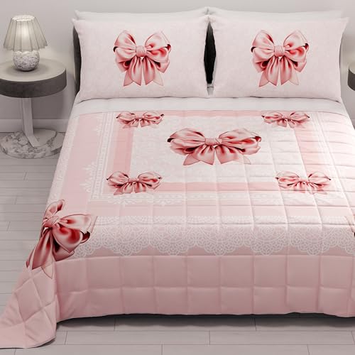 PETTI Artigiani Italiani - Summer Single Bedspread 170 x 260 cm 100 GSM Reversible Single Bed Spring Bed Lightweight Quilt Pink Bow 100% Made in Italy