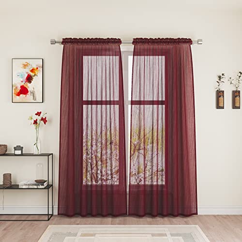 UPOPO Burgundy Red Sheer Curtains 92 inches Long Living Room Curtain Sheers 2 Panels Voile Transparent Bedroom Drapes Linen Textured Rod Pocket Kitchen Dining Sliding Glass Door Window Treatment Set