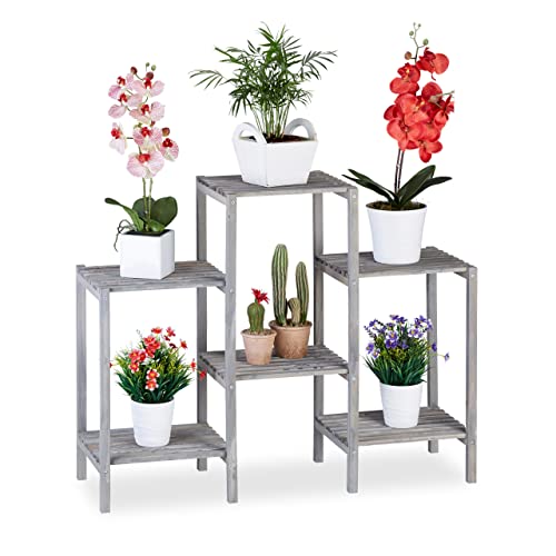 Relaxdays Wooden Flower Ladder Rack, Shabby Look, Indoor Use, Freestanding, Kitchen Plant Stand, HWD 70 x 89 x 27, Grey