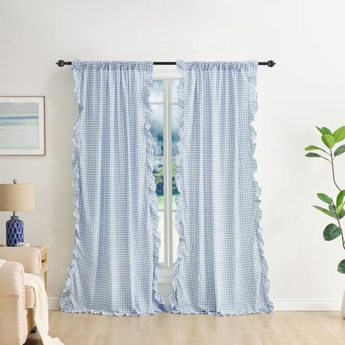 K MASANIJI Dust Blue White Plaid Gingham Ruffle Curtains 2 Panels, 100% Washed Cotton Drapes for Bedroom Living Room Doorway Shabby and Chic Window Treatment Rod Pocket, W52???xH84