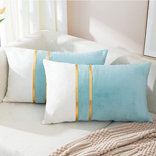 ZLINA Gold Leather Striped Throw Pillow Covers 12??20 Inch.Aqua Green - 2-Pack,Velvet fabric two tone pillow cover,with gold leather stripe decoration cushion covers,for Sofa Bedroom Home Decor
