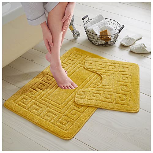 GC GAVENO CAVAILIA Bath Mat Set 2 Piece - Non Slip Bathroom Rug - Toilet Mat With Pedestal - Machine Washable - Ochre