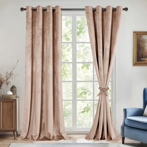 DWCN Extra Long Velvet Curtains - Luxury Tieable Room Darkening Grommet Curtains & Drapes Warm Soft Texture Privacy Noise Absorb Drapes for Bedroom/Living Room Decor W52 x L108, 2 Panels, Blush Beige