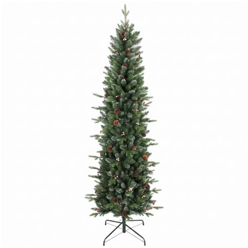 HOMCOM 7ft Artificial Christmas Tree, Slim Gracious Pine Xmas Tree, Green - 210cm, 904 Branch Tips, Foldable Steel Stand, Easy Assembly for Home Office Holiday Decoration