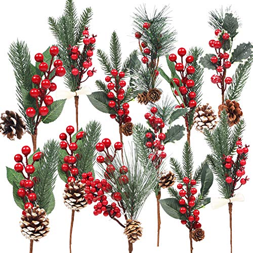 DR.DUDU 12 Pack Christmas Artificial Berry Twigs for Christmas Tree Decoration, DIY Christmas Red Berry Stems Spray for Crafts Wreath Garland Christmas Ornaments Decor, 6 Designs