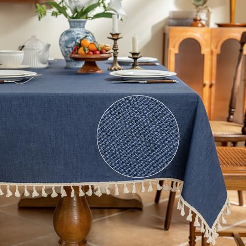 AmHoo Linen Blend Tablecloth Table Cloth 280 GSM Stitching Tassel Rectangle Decorative Natural Table Cover for Kitchen Dinning Wedding Buffet 55??55 inch Sodalite Blue